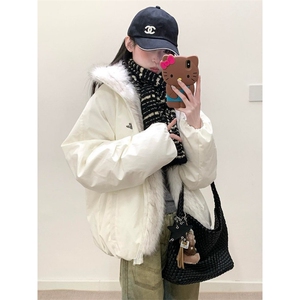 1506-1/M78871/P92韩版时尚连帽毛毛拼接棉服男女防寒百搭宽松棉图片