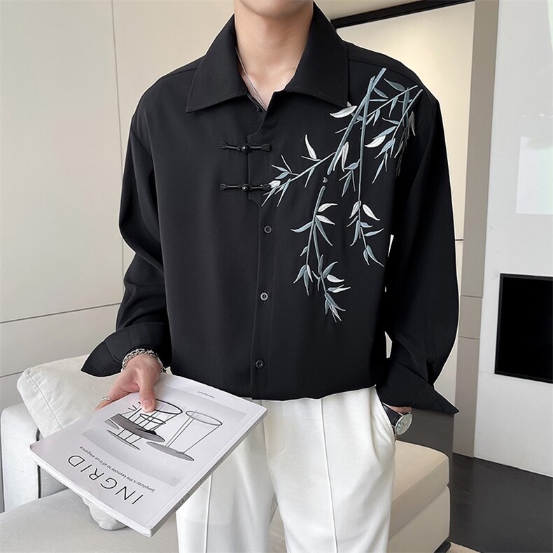 新中式风盘扣刺绣长袖衬衫男装设计感唐装衬衣CS318-P48，男装衬衫，星座208-5