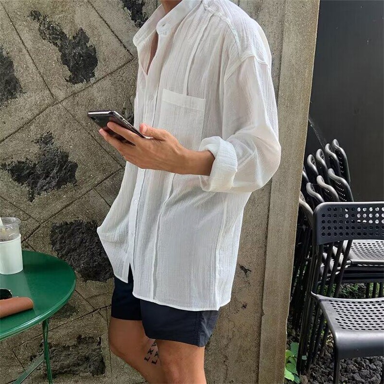 2025春季时尚潮牌新款男士圆领纯色长袖衬衫外套简约高级感白图片