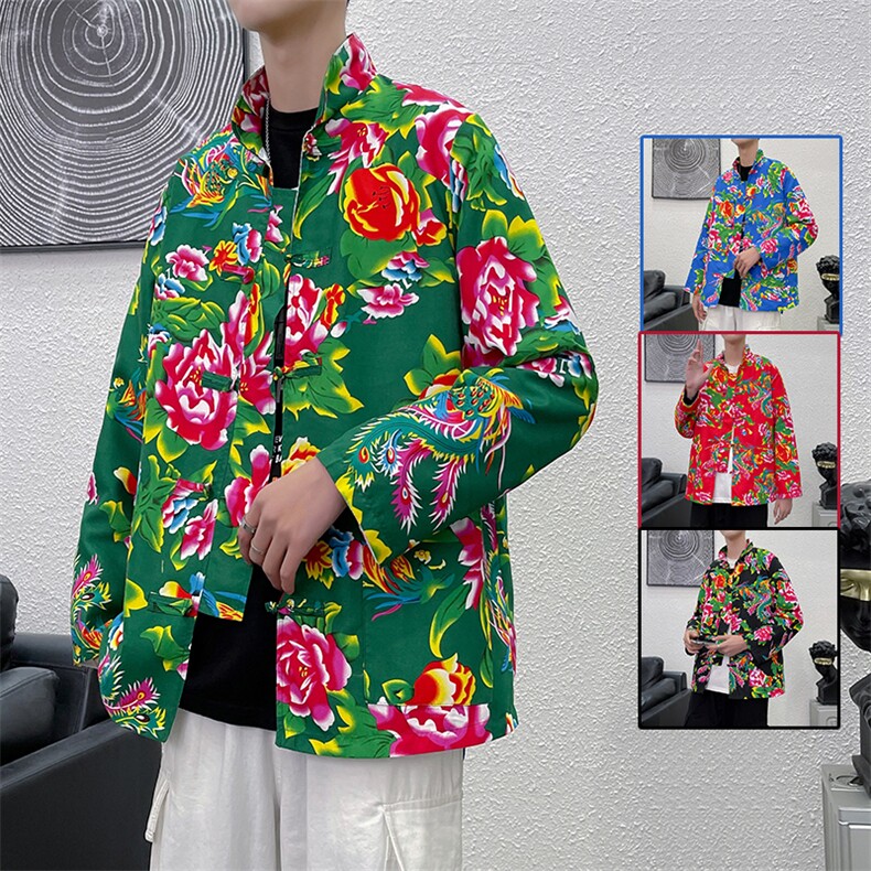 PK01东北大花布汉服春秋男女二人转抖音民族风农家乐年会演出，男装夹克，星座115A(原星座507）