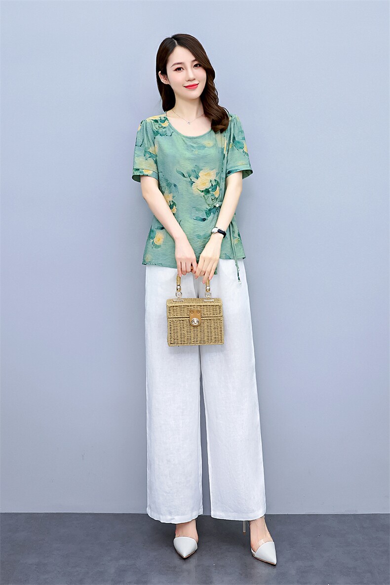 现货2022年夏季新款简约大方舒适棉麻阔腿裤两件套,女装套装/套裙,艾仟回(原伊仟回)