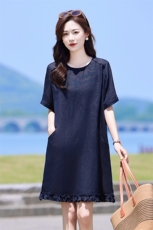 2025夏季新款女装时尚百搭圆领宽松显瘦设计感气质短袖法式连衣裙，女装连衣裙，靓衣阁