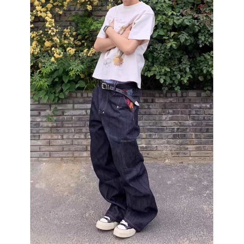CGG美式丹宁蓝设计感宽松直筒刺绣牛仔裤男hiphop休闲vibe风长裤图片