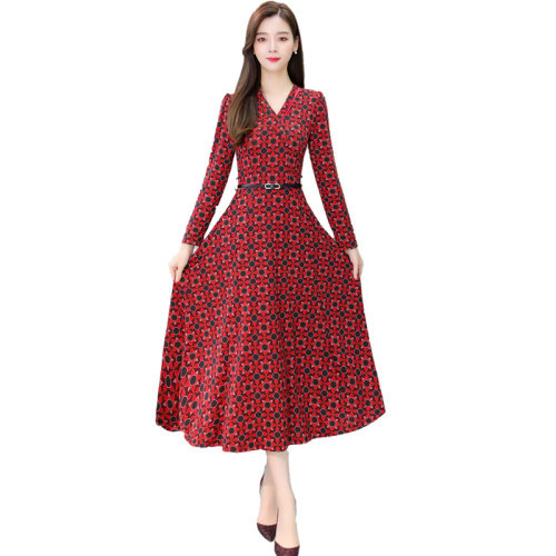 现货秒发2023春秋装新款大摆修身复古印花V领长款显瘦女连衣裙,女装连衣裙,星宇服饰