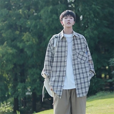 格子衬衫阳光干净男生夏季穿搭薄青少年潮流长袖方领标准ins潮，男装衬衫，星座1210-1