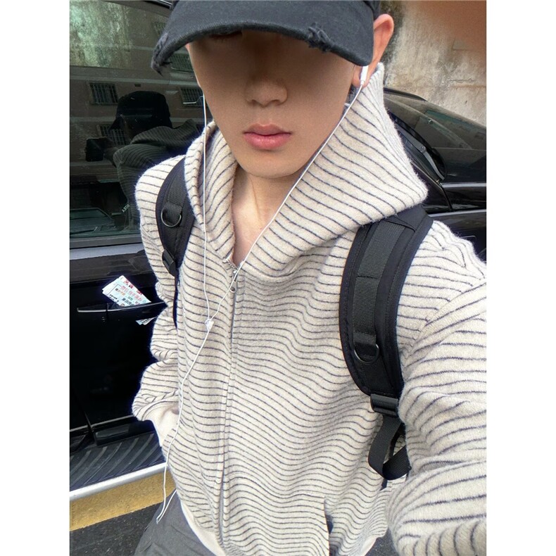 时尚男装开衫条纹针织带兜外套宽松慵懒风简约款衫外搭，女装短外套，星座1018A