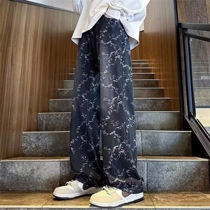 水洗渐变提花牛仔裤男设计感美式复古显瘦直筒微喇裤图片
