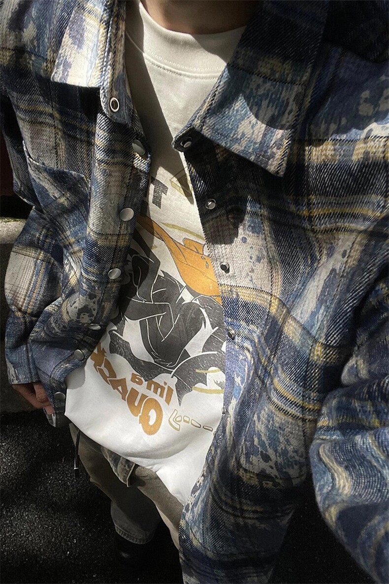 水墨晕染格纹衬衫外套做旧破坏扎染毛边格子长袖衬衣CS001-P65,男装衬衫,星座908