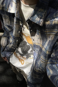 水墨晕染格纹衬衫外套做旧破坏扎染毛边格子长袖衬衣 CS001-P65图片