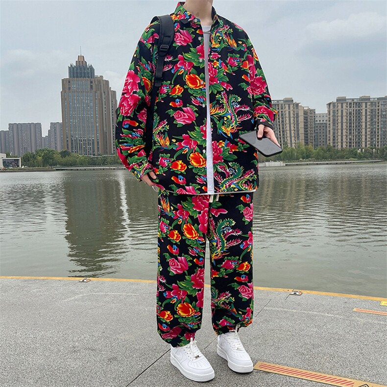 东北花衬衣男新式唐装复古潮大码牡丹衬衫秋季长裤8018套装特P55,男装衬衫,电商A056
