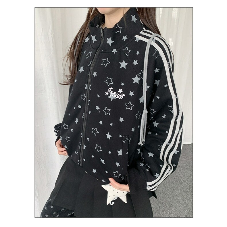 美式复古星星满印立领开衫男女春秋宽松慵懒松弛感拉链外套上衣图片