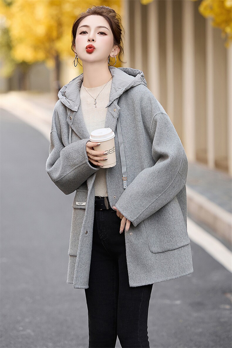 双面羊绒大衣女2024秋冬新款小个子高端气质中长款连帽毛呢外套春,女装双面呢大衣,关键词