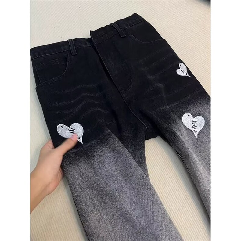 美式复古做旧刺绣微微喇牛仔裤男女修身显瘦直筒拖地裤LB2733-P47,男装牛仔裤,星座1008