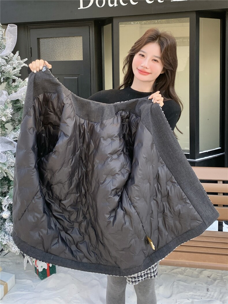 韩版通勤复古千鸟格编织中长款羽绒服女+围巾2025冬季氛围感外套,女装羽绒服,艾米莉亚