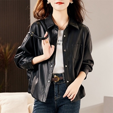 时尚百搭黑色皮衣外套女秋冬季新款宽松显瘦长袖短款机车服上衣，女装皮衣，笃写