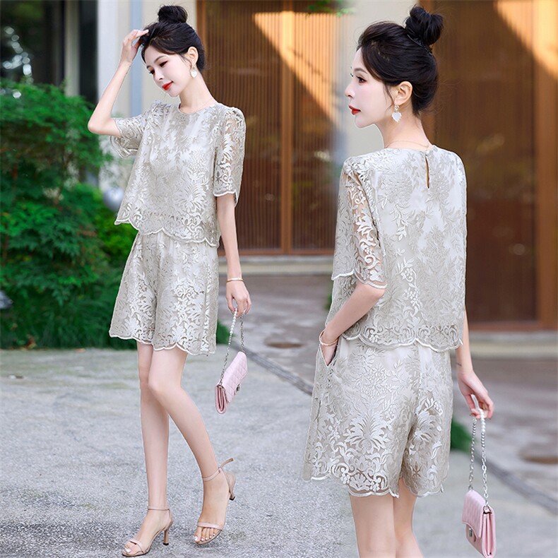 小香风蕾丝短裤套装女2025夏装优雅女神范时尚洋气漂亮镂空两件套，女装套装/套裙，润尚靓点
