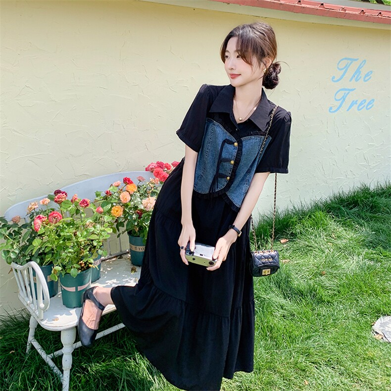 设计感牛仔拼接连衣裙女2025夏季新款韩系减龄显瘦假两件a字长裙图片