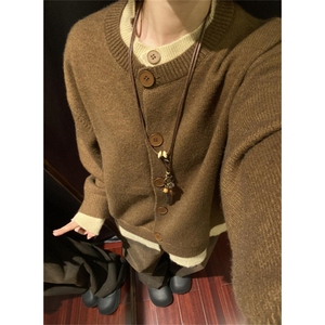撞色拼接假两件开衫毛衣外套男冬季痞帅打底针织衫款上衣 MY5014图片
