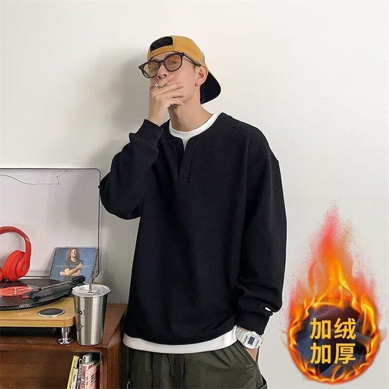 加绒加厚华夫格假两件卫衣男秋冬季2024新款高级感圆领长袖打底衫,男装卫衣,星座506A