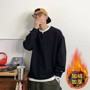 加绒加厚华夫格假两件卫衣男秋冬季2024新款高级感圆领长袖打底衫图片
