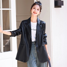 设计感小众咖色小西装皮衣外套女2025年秋季PU皮宽松显瘦上衣百搭，女装西装，意芙