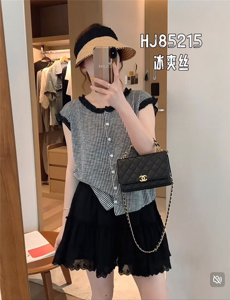 2025年夏季通勤短袖常规宽松型千鸟格短袖时尚百搭，女装T恤，恒旺羊绒