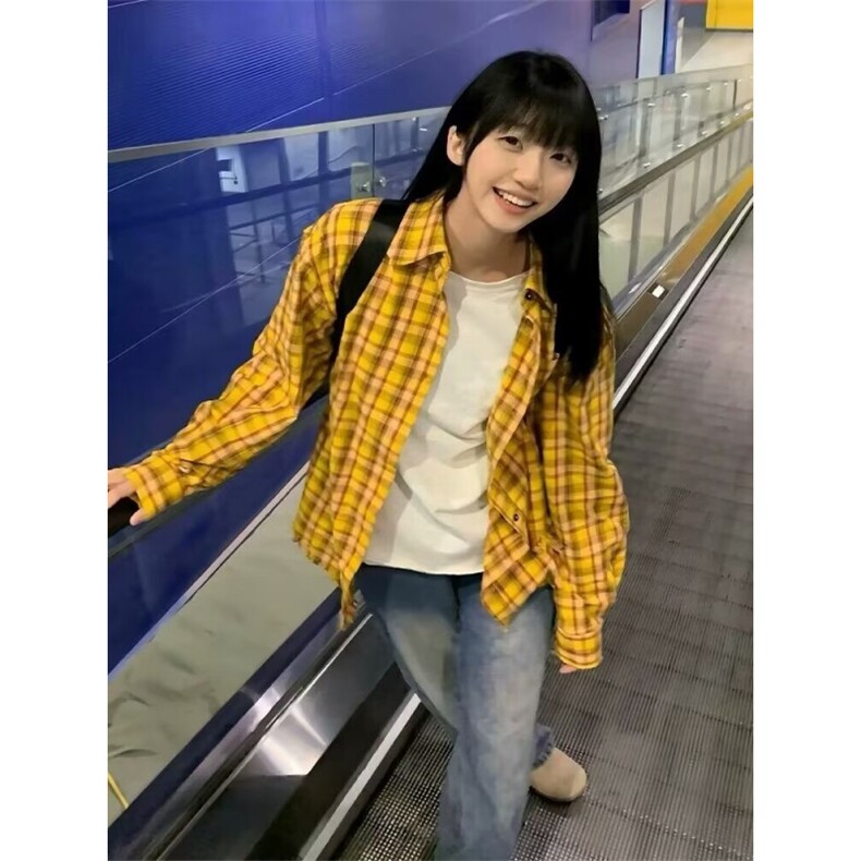 1506/QC030/P35格子长袖衬衫日系港风ins宽松潮流百搭休闲外套,男装衬衫,星座1506