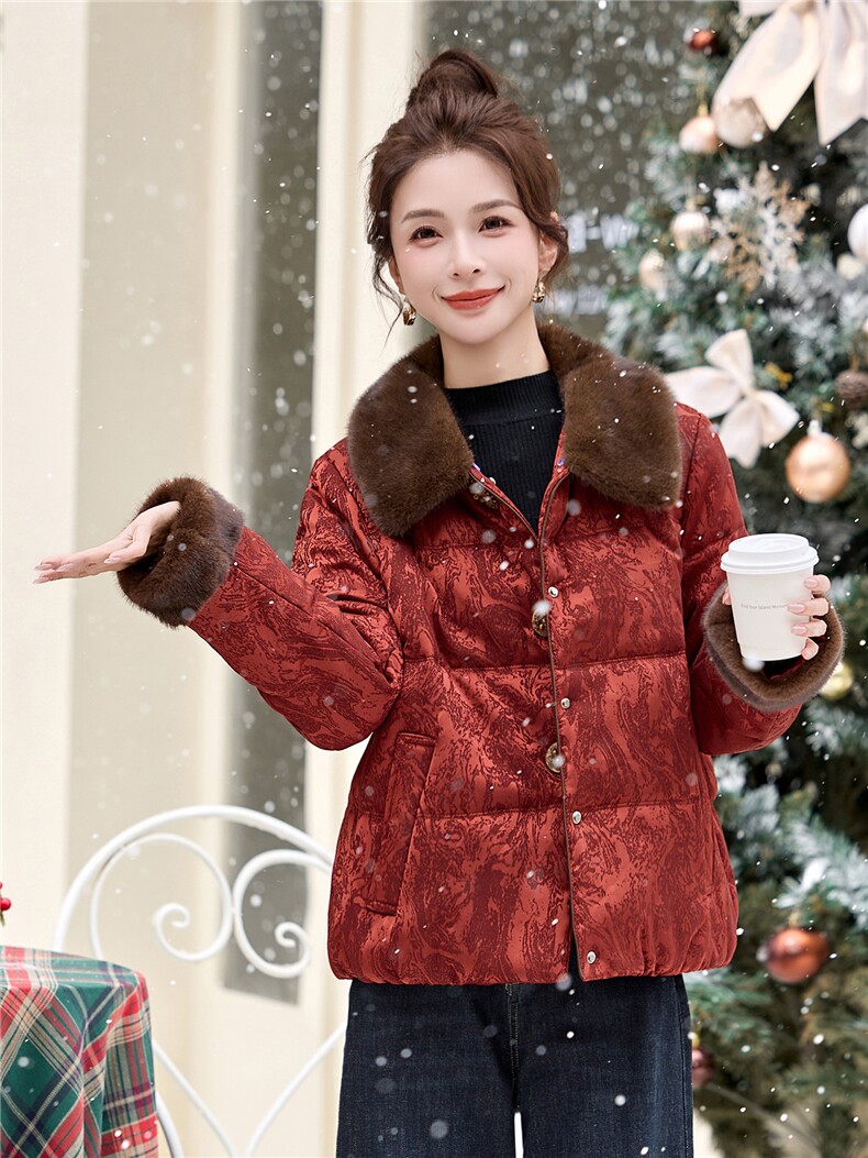 现货！毛领可脱卸中式圣诞红羽绒棉加厚小个子女式棉衣棉服外套,女装棉衣/棉服,木橙西子