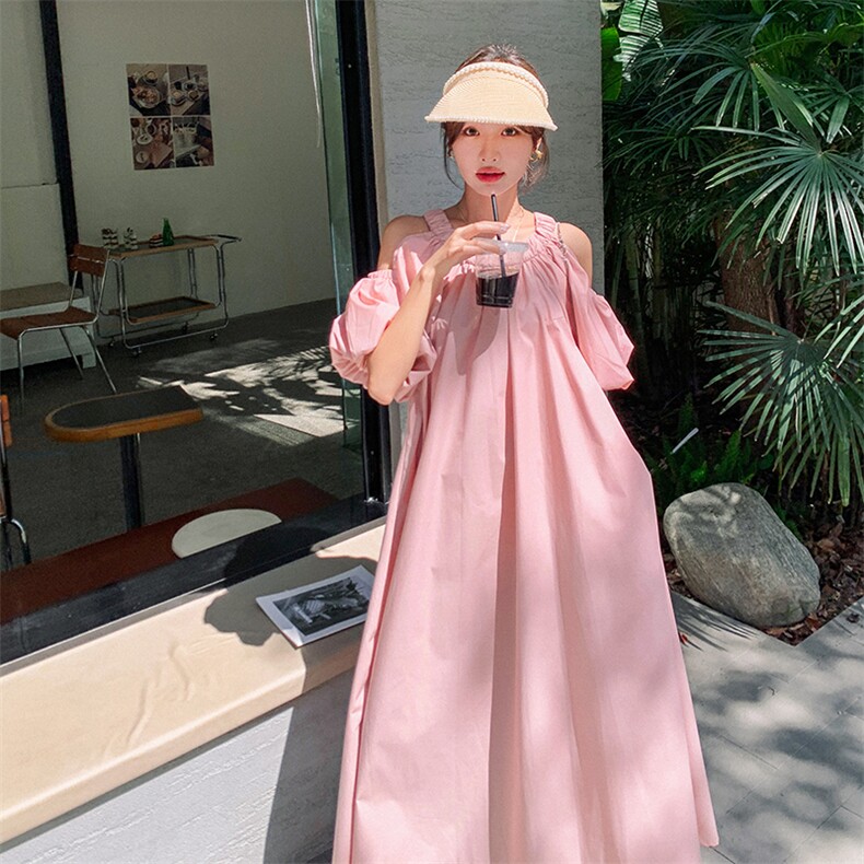 纯色甜美露肩连衣裙女夏季2025新款设计感法式宽松泡泡袖长款裙子,女装连衣裙,2C110
