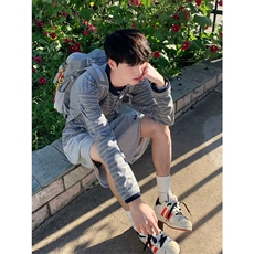 网图有货品质美式灰色亨利领条纹长袖宽松上衣T恤男女A941-P45，男装T恤，星座1505