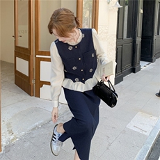 韩系温柔风穿搭套装女2025秋季新款减龄马甲打底衫半身裙三件套，女装套装/套裙，2C098