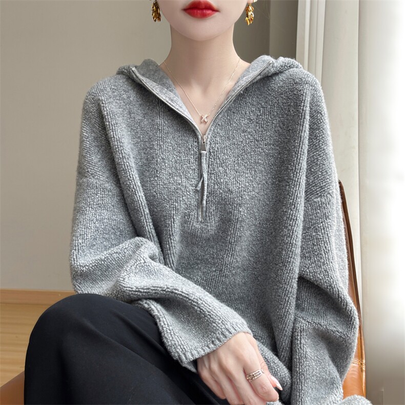 秋冬连帽100%纯羊毛衫女半开拉链加厚针织帽衫宽松慵懒羊绒衫上衣,女装羊毛衫,东远绒业