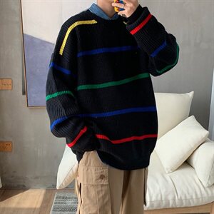 秋冬情侣条纹宽松毛衣韩版潮流男女加厚针织衫T014图片