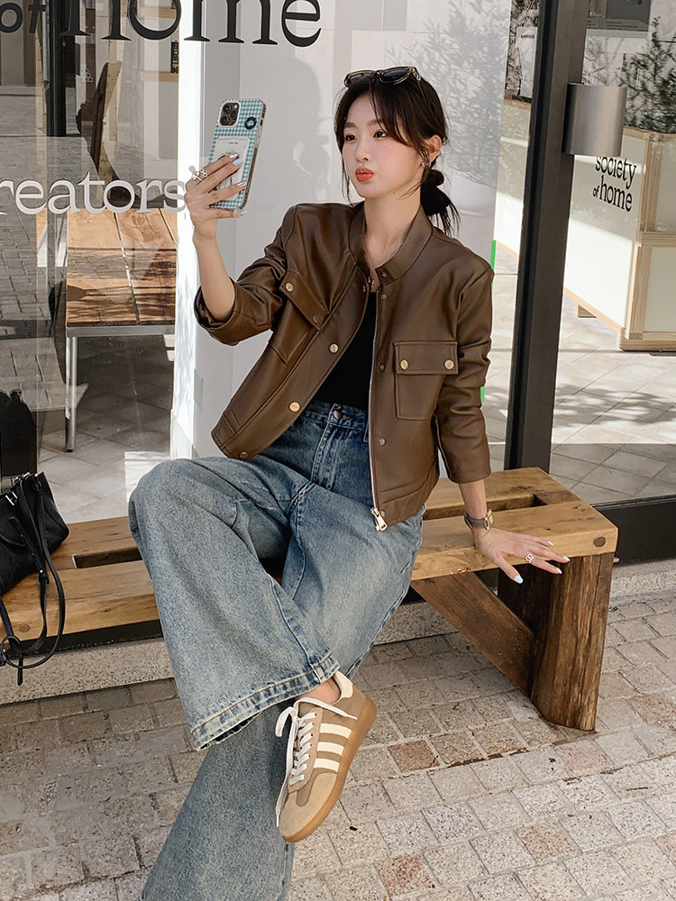 新款单排扣休闲皮夹克显瘦百搭时尚外套，女装皮衣，帛锦泉