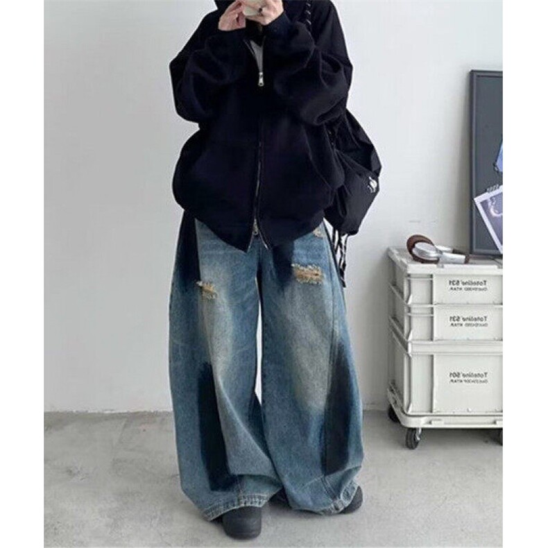 简约春秋季复古做旧宽松破洞直筒裤新款阔腿裤自然腰长裤NT8867,男装牛仔裤,星座1116A（原606A-3）