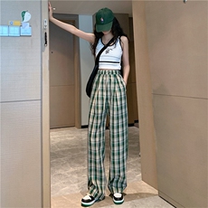 格子阔腿裤女2024夏季新款复古仿麻松紧高腰直筒宽松显瘦休闲裤，女装休闲裤，梦白服饰厂