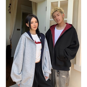 重磅高品质硬挺boxy26春装美式高街结构撞色拼接连帽卫衣开衫外套图片
