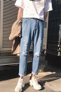 港风夏季破洞牛仔裤男 韩版潮流九分裤休闲裤 N/图片
