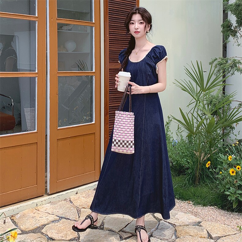 2025年夏季新款洋气系带收腰牛仔连衣裙女设计感蕾丝长裙,女装连衣裙,欧黛芙妮