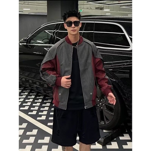 W9447-P80 网图现货 美式复古小众解构拼接皮衣外套痞帅撞色夹克图片