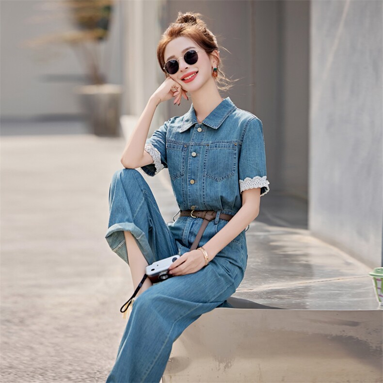欧货薄款牛仔连体裤女2025夏新款时尚炸街显瘦蕾丝拼接直筒连衣裤,女装连体裤,意芙
