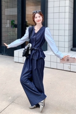 韩系慵懒chic穿搭蓝色套装女初春秋超火好看高级感上衣长裤两件套，女装套装/套裙，2C056