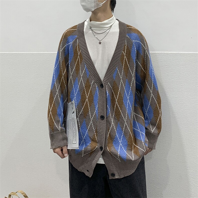 针织开衫男韩版潮流菱形格子2023秋冬季新款ins开衫毛衣W3905-P52,男装针织衫/毛衣,星座412-3