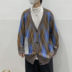 针织开衫男韩版潮流菱形格子2023秋冬季新款ins开衫毛衣W3905-P52，男装针织衫/毛衣，星座412-3