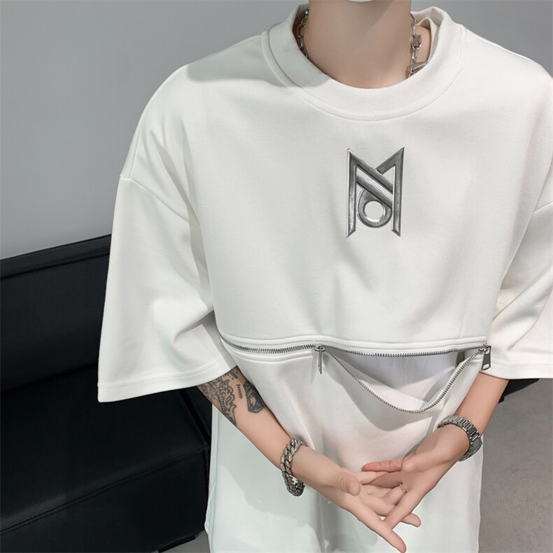 美式夏季小众金属拉链设计感短袖T恤高级宽松五分袖上衣T0666-p30,男装T恤,星座1008