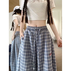 设计感hiphop蓝色弯刀格子裤女夏嘻哈kpop阔腿运动裤子K6308-P48，男装休闲裤，星座412-3