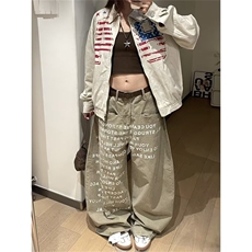 美式复古字母印花弯刀工装裤男女秋季新款设计感宽松阔腿牛仔裤子，男装牛仔裤，星座302B