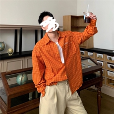 网图-美式潮牌复古橙色长袖格子衬衫多巴胺穿搭9155-P55，男装衬衫，电商B380（原B361）
