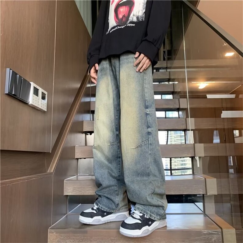 水洗做旧牛仔裤男春秋宽松阔腿直筒拖地长裤炸街痞帅裤子1301-P40,男装牛仔裤,星座910-5