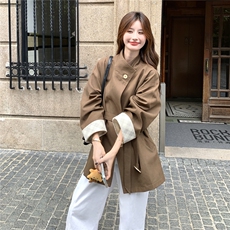 巨好看立领格纹拼接咖色风衣外套女春秋2025新款小个子高级感大衣，女装短外套，2C273